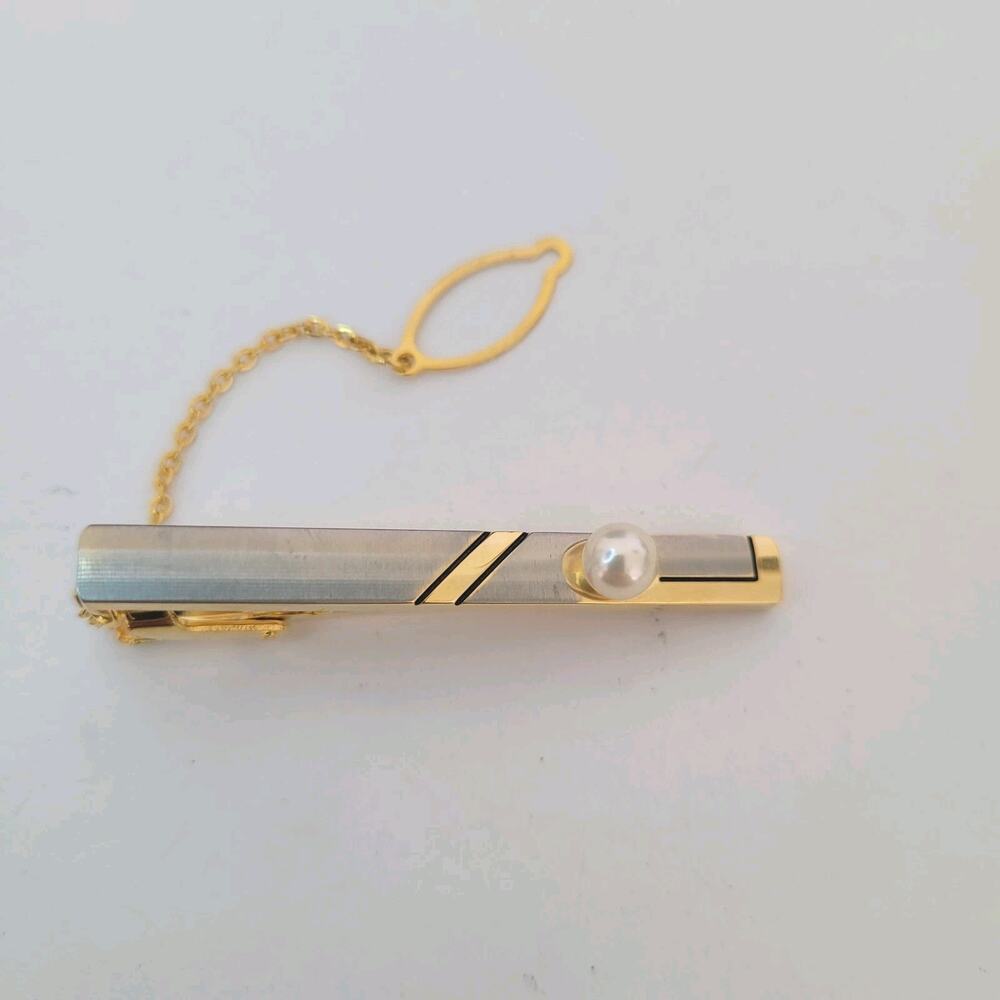 Gold Silver Two Tone Tie Bar Clip Clasp With Chain Pearl Unbranded Quality